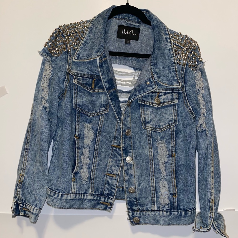 Denim and Shoulder studded rockstar jean jacket with distressed details